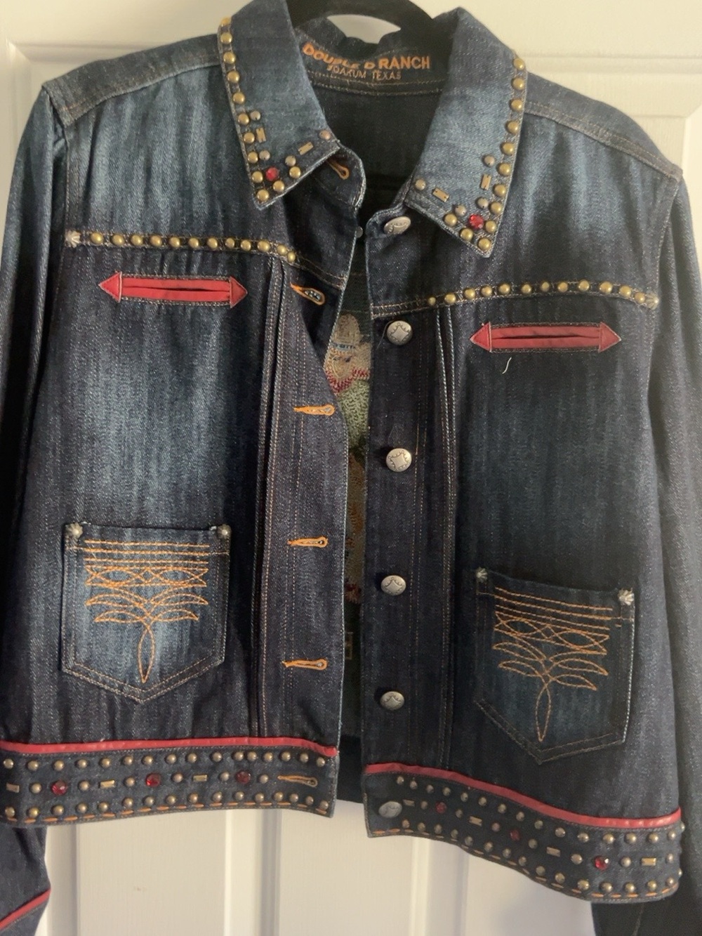 Double D Ranch Dark Blue Denim Jacket with Red Trim and Brass Studs NWOT